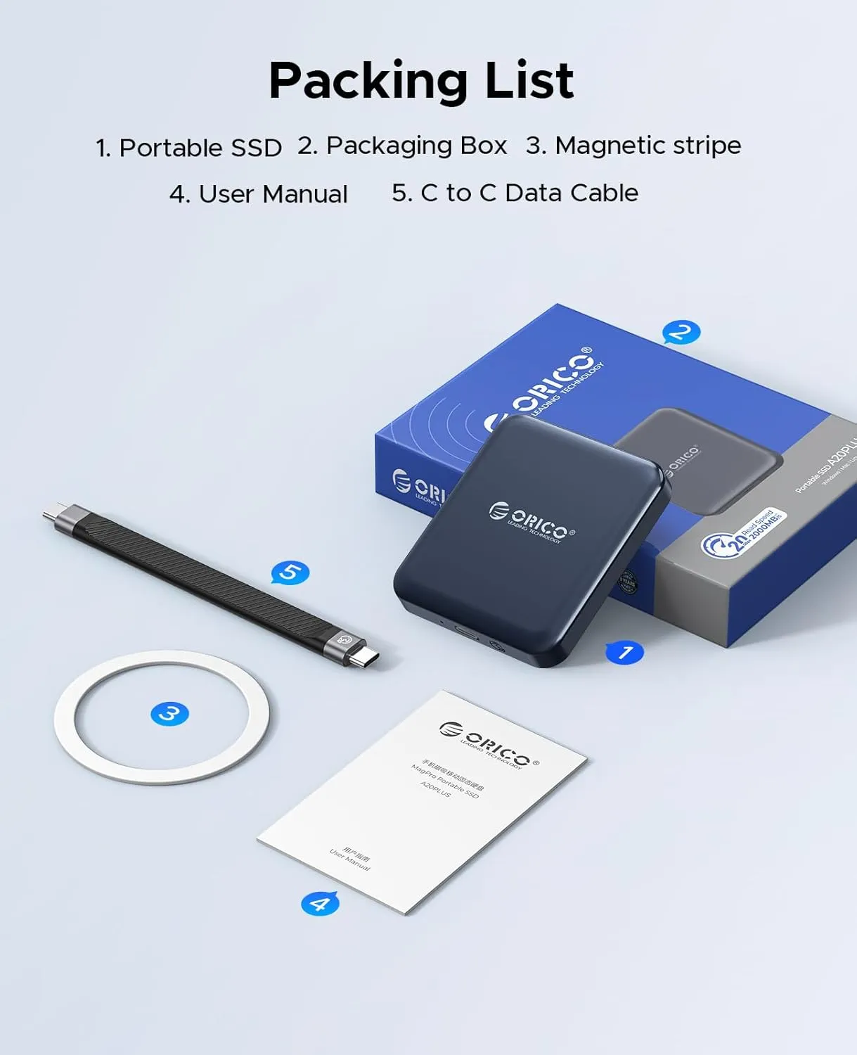 ORICO 2 TB Magnetic External SSD, 4K ProRes HDR Record and Store, USB3.1 Gen2(1000MB/s), USB3.2 Gen2*2(2000MB/s), Portable Solid State Drive, Compatible with USB-C Smartphone, Computer - A20PLUS
