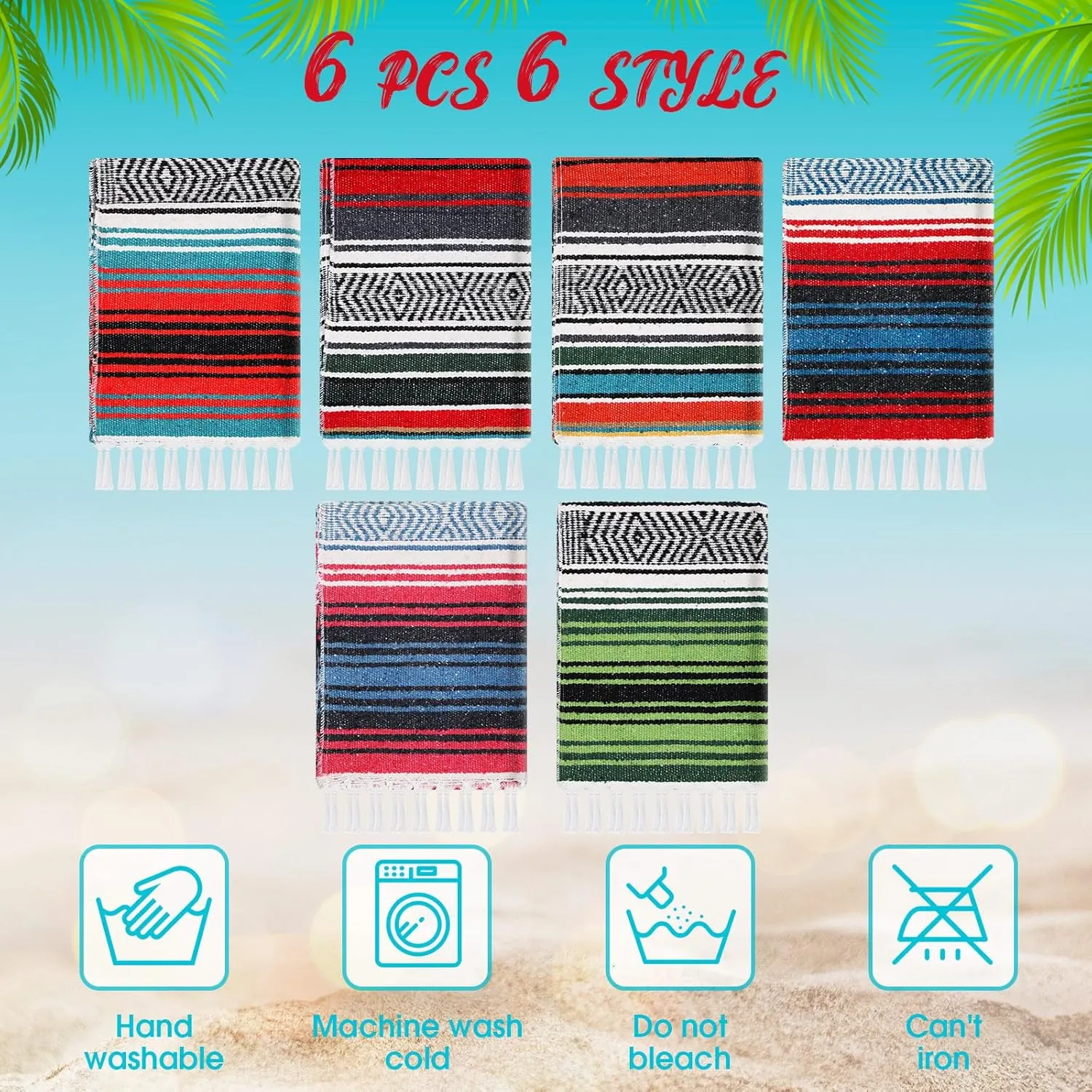 Oudain 6 Pack Mexican Blankets and Throws 45 x 70 Inch, Cotton Outdoor Camping Blanket Woven Serape Yoga Fiesta Picnic Beach Supplies (Retro Color)