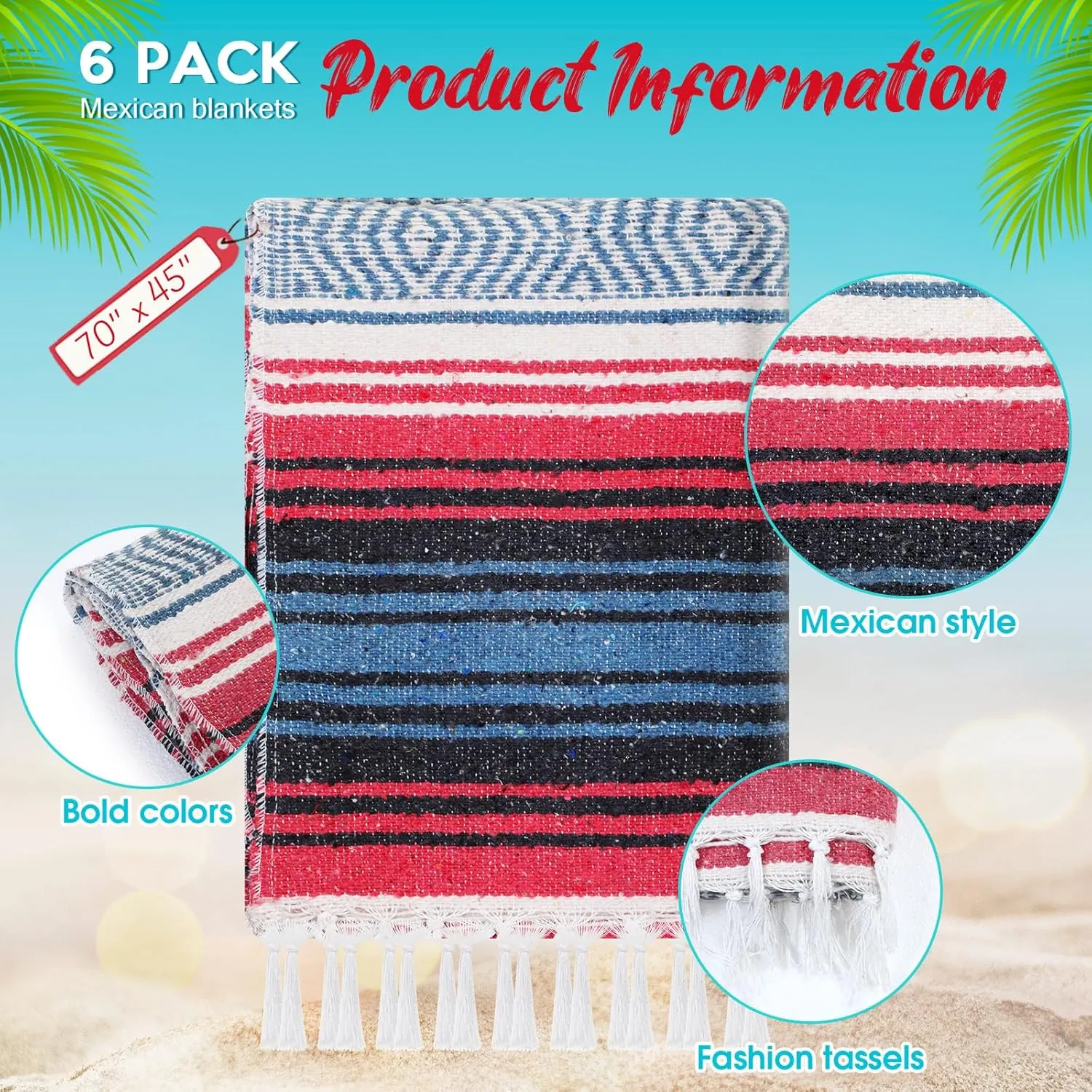 Oudain 6 Pack Mexican Blankets and Throws 45 x 70 Inch, Cotton Outdoor Camping Blanket Woven Serape Yoga Fiesta Picnic Beach Supplies (Retro Color)