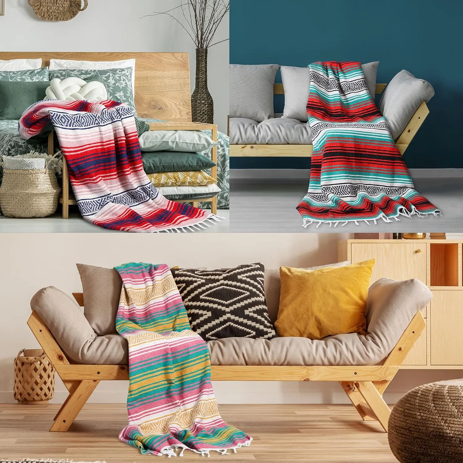 Oudain 6 Pack Mexican Blankets and Throws 45 x 70 Inch, Cotton Outdoor Camping Blanket Woven Serape Yoga Fiesta Picnic Beach Supplies (Retro Color)
