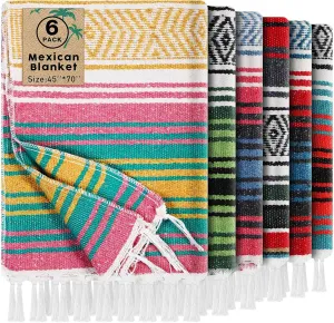 Oudain 6 Pack Mexican Blankets and Throws 45 x 70 Inch, Cotton Outdoor Camping Blanket Woven Serape Yoga Fiesta Picnic Beach Supplies (Retro Color)