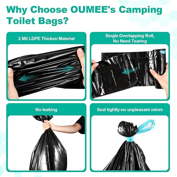 OUMEE 60 Portable Toilet Bags Poo Gel Set, 8 Gallon Camping Toilet Bags with Absorbent Toilet Gel, Toilet Waste Bags, Leak-Proof Trash Bags for Outdoor Camping Toilet, Traveling, RV Trip