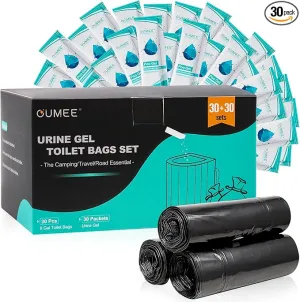 OUMEE 60 Portable Toilet Bags Poo Gel Set, 8 Gallon Camping Toilet Bags with Absorbent Toilet Gel, Toilet Waste Bags, Leak-Proof Trash Bags for Outdoor Camping Toilet, Traveling, RV Trip