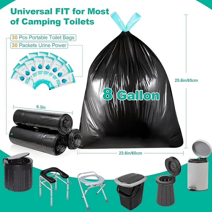OUMEE 60 Portable Toilet Bags Poo Gel Set, 8 Gallon Camping Toilet Bags with Absorbent Toilet Gel, Toilet Waste Bags, Leak-Proof Trash Bags for Outdoor Camping Toilet, Traveling, RV Trip