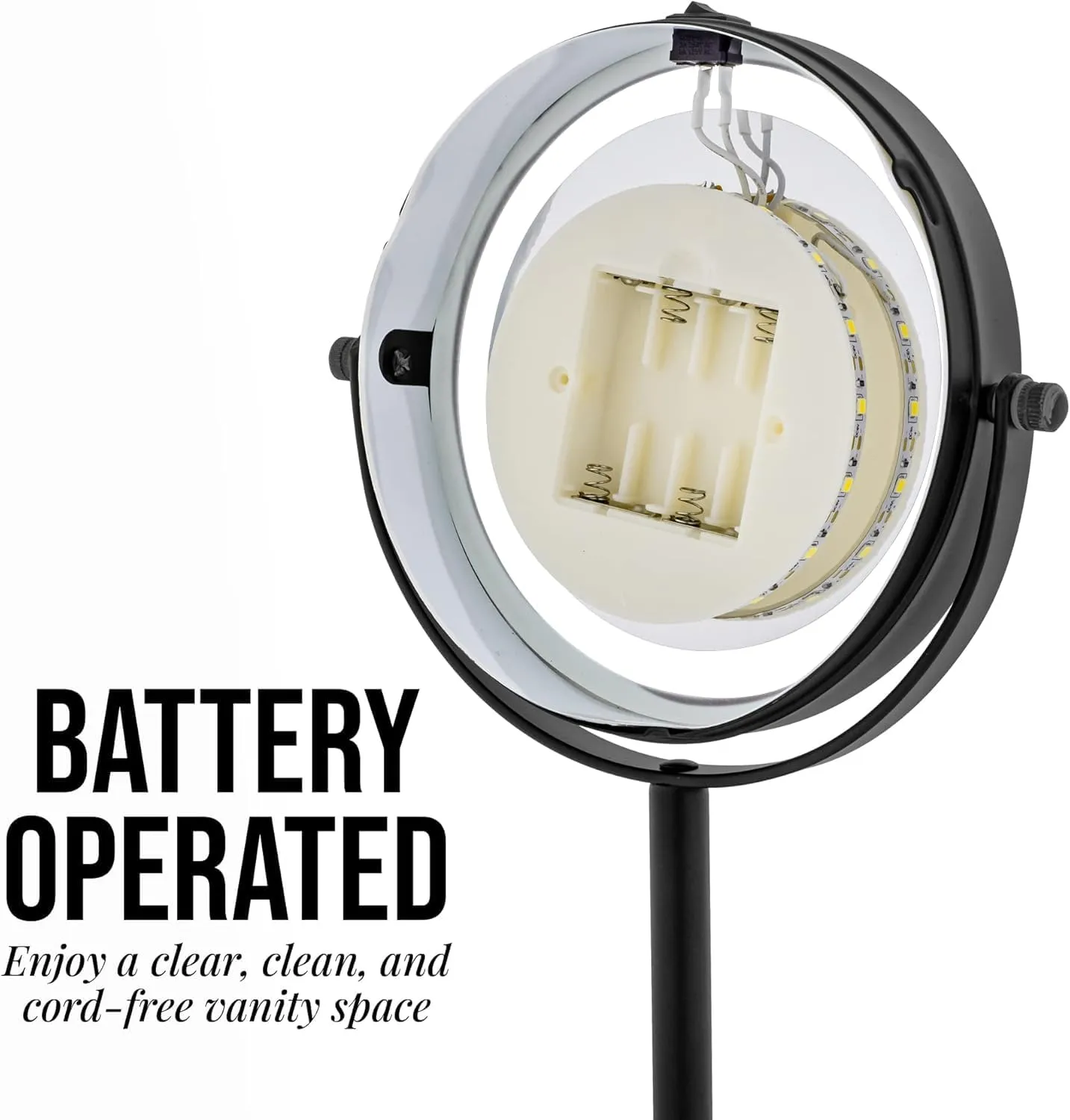 OVENTE 6" Lighted Makeup Mirror with 1X/7X Magnification, Cordless Tabletop Mount Vanity Round Mirror with 360° Swivel Design and Double Sided Cool Tone LED Ring Light, Matte Black MLT60B1X7X