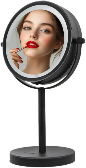 OVENTE 6" Lighted Makeup Mirror with 1X/7X Magnification, Cordless Tabletop Mount Vanity Round Mirror with 360° Swivel Design and Double Sided Cool Tone LED Ring Light, Matte Black MLT60B1X7X