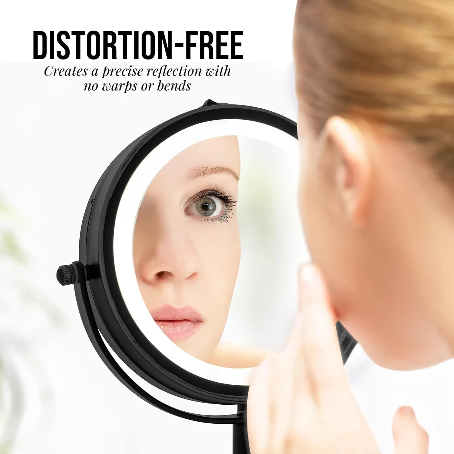 OVENTE 6" Lighted Makeup Mirror with 1X/7X Magnification, Cordless Tabletop Mount Vanity Round Mirror with 360° Swivel Design and Double Sided Cool Tone LED Ring Light, Matte Black MLT60B1X7X
