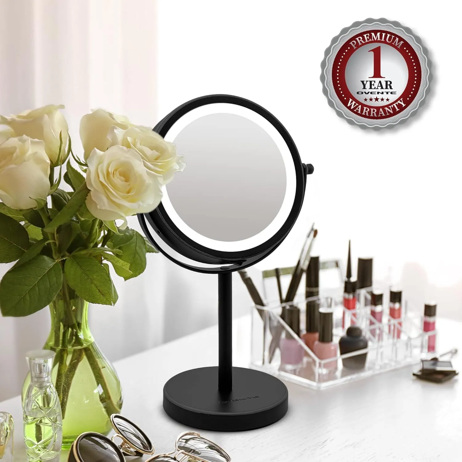 OVENTE 6" Lighted Makeup Mirror with 1X/7X Magnification, Cordless Tabletop Mount Vanity Round Mirror with 360° Swivel Design and Double Sided Cool Tone LED Ring Light, Matte Black MLT60B1X7X