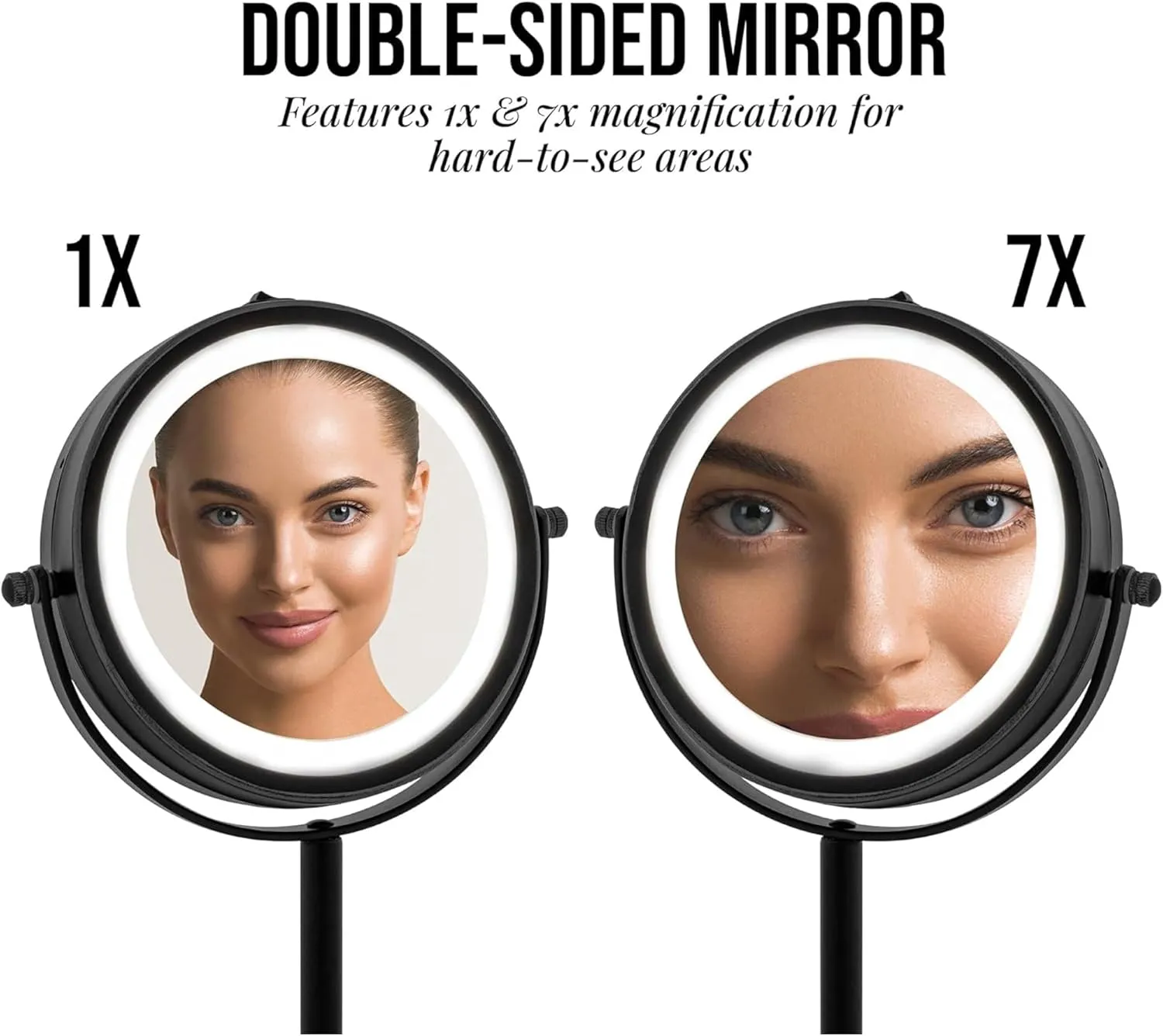 OVENTE 6" Lighted Makeup Mirror with 1X/7X Magnification, Cordless Tabletop Mount Vanity Round Mirror with 360° Swivel Design and Double Sided Cool Tone LED Ring Light, Matte Black MLT60B1X7X