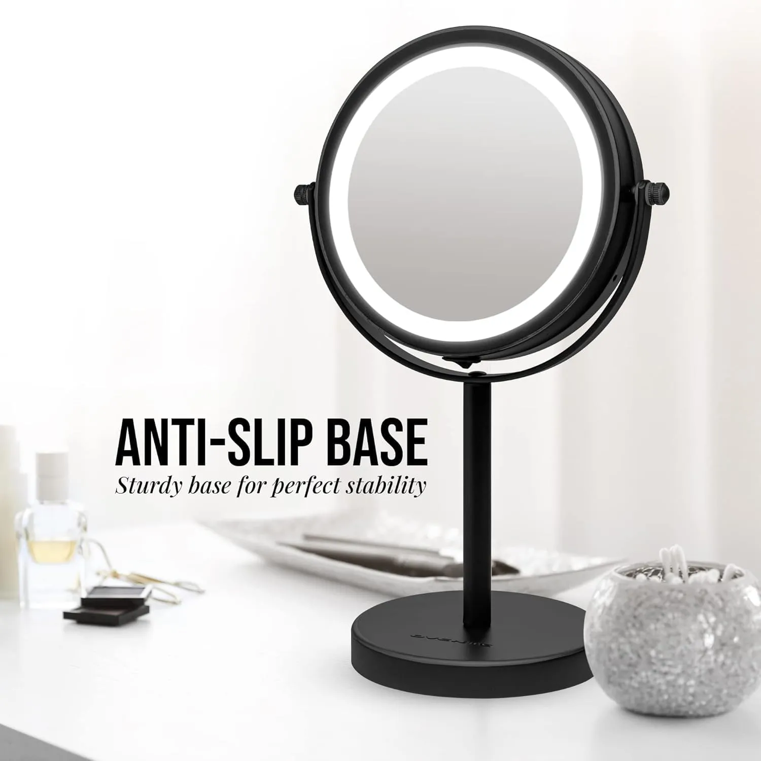 OVENTE 6" Lighted Makeup Mirror with 1X/7X Magnification, Cordless Tabletop Mount Vanity Round Mirror with 360° Swivel Design and Double Sided Cool Tone LED Ring Light, Matte Black MLT60B1X7X