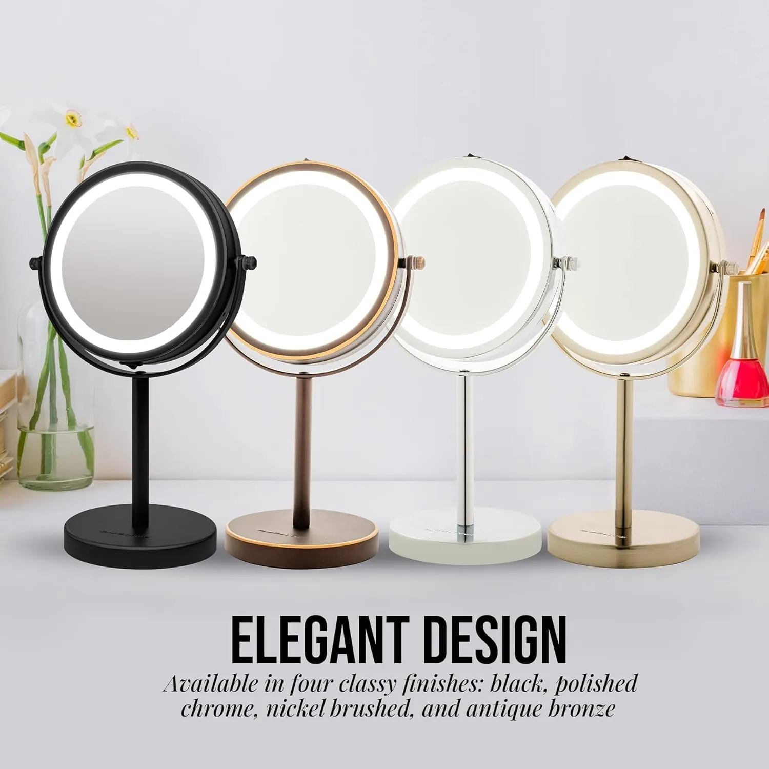 OVENTE 6" Lighted Makeup Mirror with 1X/7X Magnification, Cordless Tabletop Mount Vanity Round Mirror with 360° Swivel Design and Double Sided Cool Tone LED Ring Light, Matte Black MLT60B1X7X