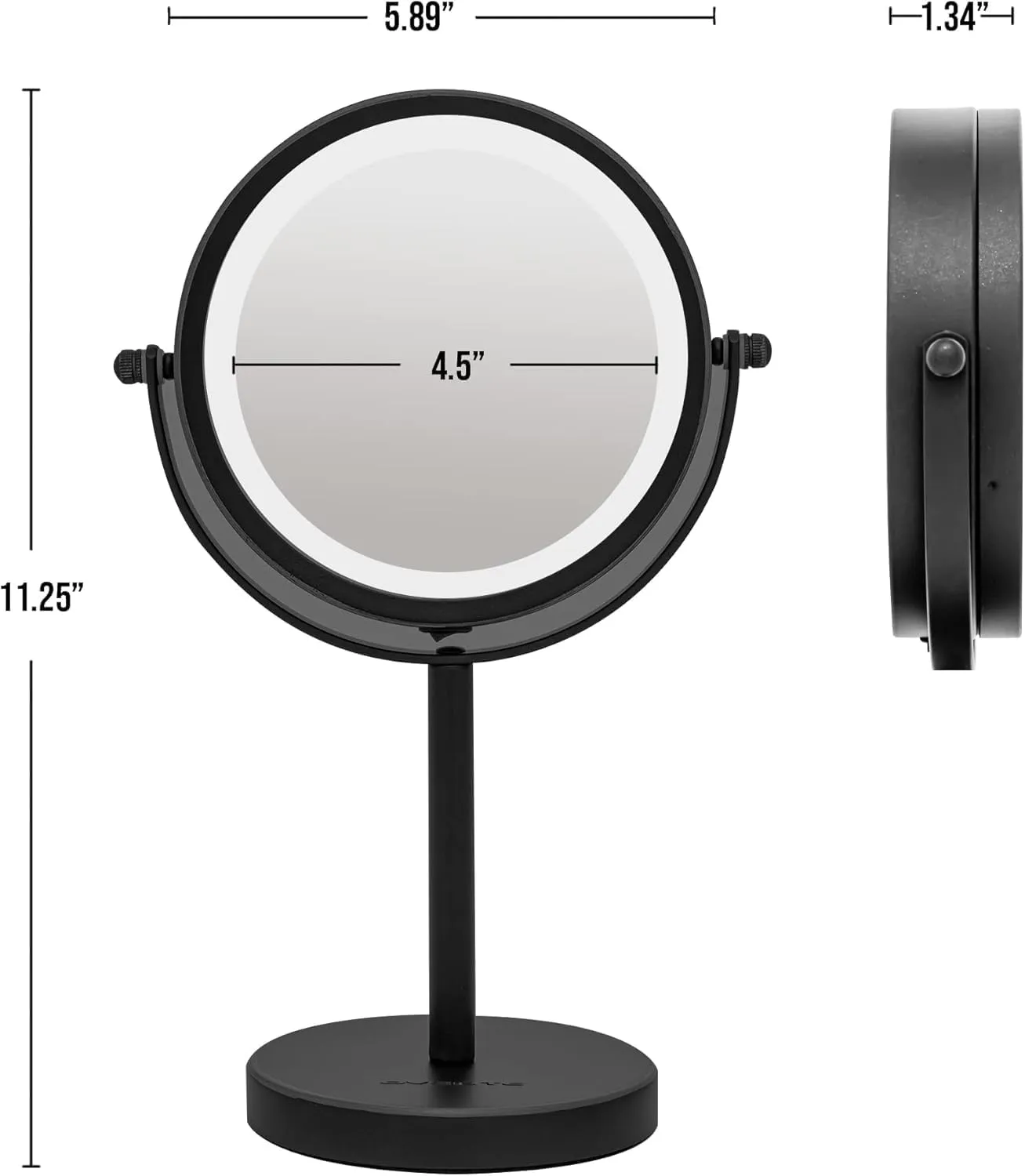 OVENTE 6" Lighted Makeup Mirror with 1X/7X Magnification, Cordless Tabletop Mount Vanity Round Mirror with 360° Swivel Design and Double Sided Cool Tone LED Ring Light, Matte Black MLT60B1X7X