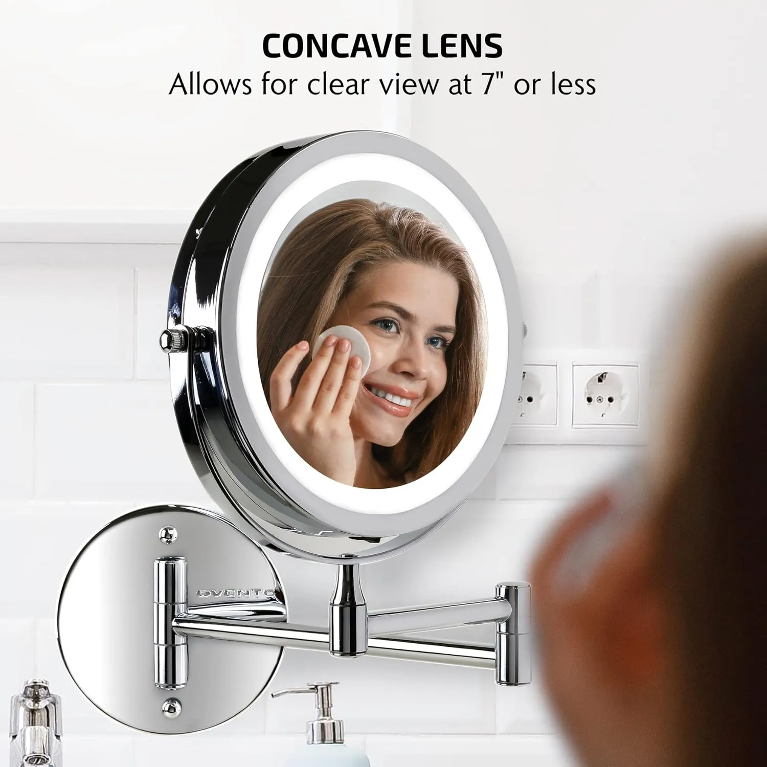 OVENTE 7" Lighted Wall Mount Makeup Mirror with 1X/10X Magnification, Cordless Double Sided Magnifying Round Vanity Mirror, 360° Swivel Design, Extendable and Folding Arm, Polished Chrome MFW70CH1X10X
