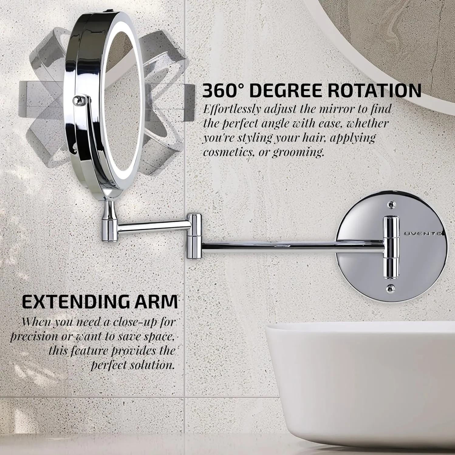 OVENTE 7" Lighted Wall Mount Makeup Mirror with 1X/10X Magnification, Cordless Double Sided Magnifying Round Vanity Mirror, 360° Swivel Design, Extendable and Folding Arm, Polished Chrome MFW70CH1X10X