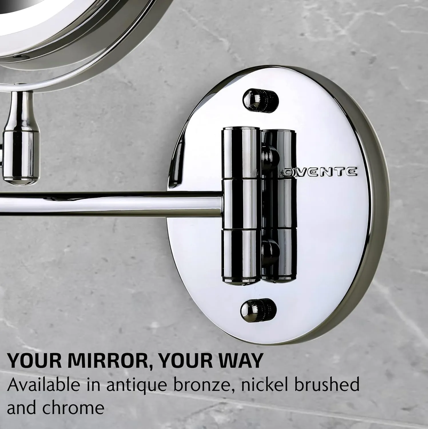OVENTE 7" Lighted Wall Mount Makeup Mirror with 1X/10X Magnification, Cordless Double Sided Magnifying Round Vanity Mirror, 360° Swivel Design, Extendable and Folding Arm, Polished Chrome MFW70CH1X10X