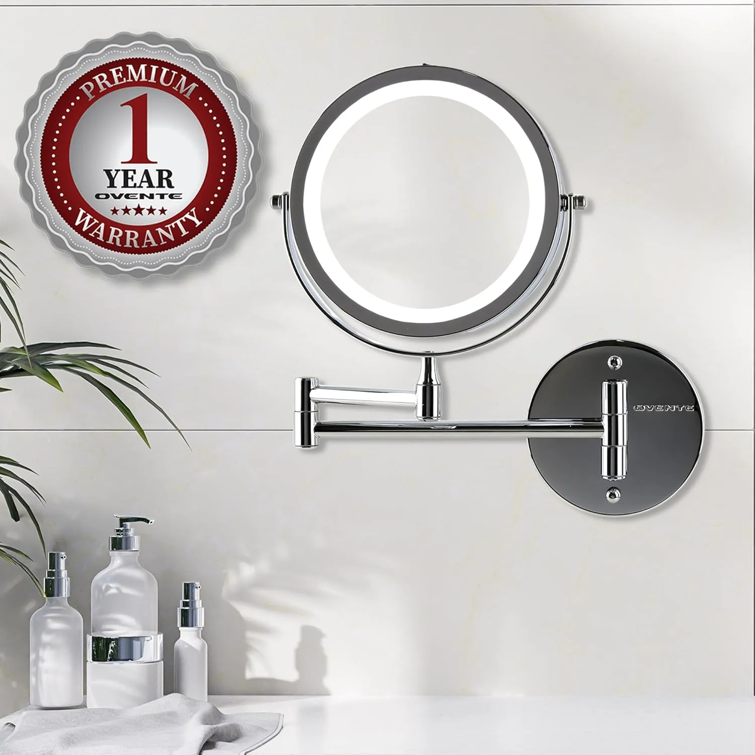 OVENTE 7" Lighted Wall Mount Makeup Mirror with 1X/10X Magnification, Cordless Double Sided Magnifying Round Vanity Mirror, 360° Swivel Design, Extendable and Folding Arm, Polished Chrome MFW70CH1X10X