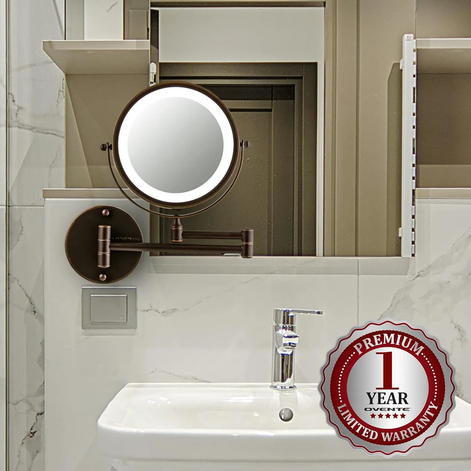 OVENTE 7" Lighted Wall Mount Makeup Mirror with 1X/7X Magnification, Cordless Double Sided Magnifying Round Vanity Mirror, 360° Swivel Design, Extendable and Folding Arm, Antique Bronze MFW70ABZ1X7X