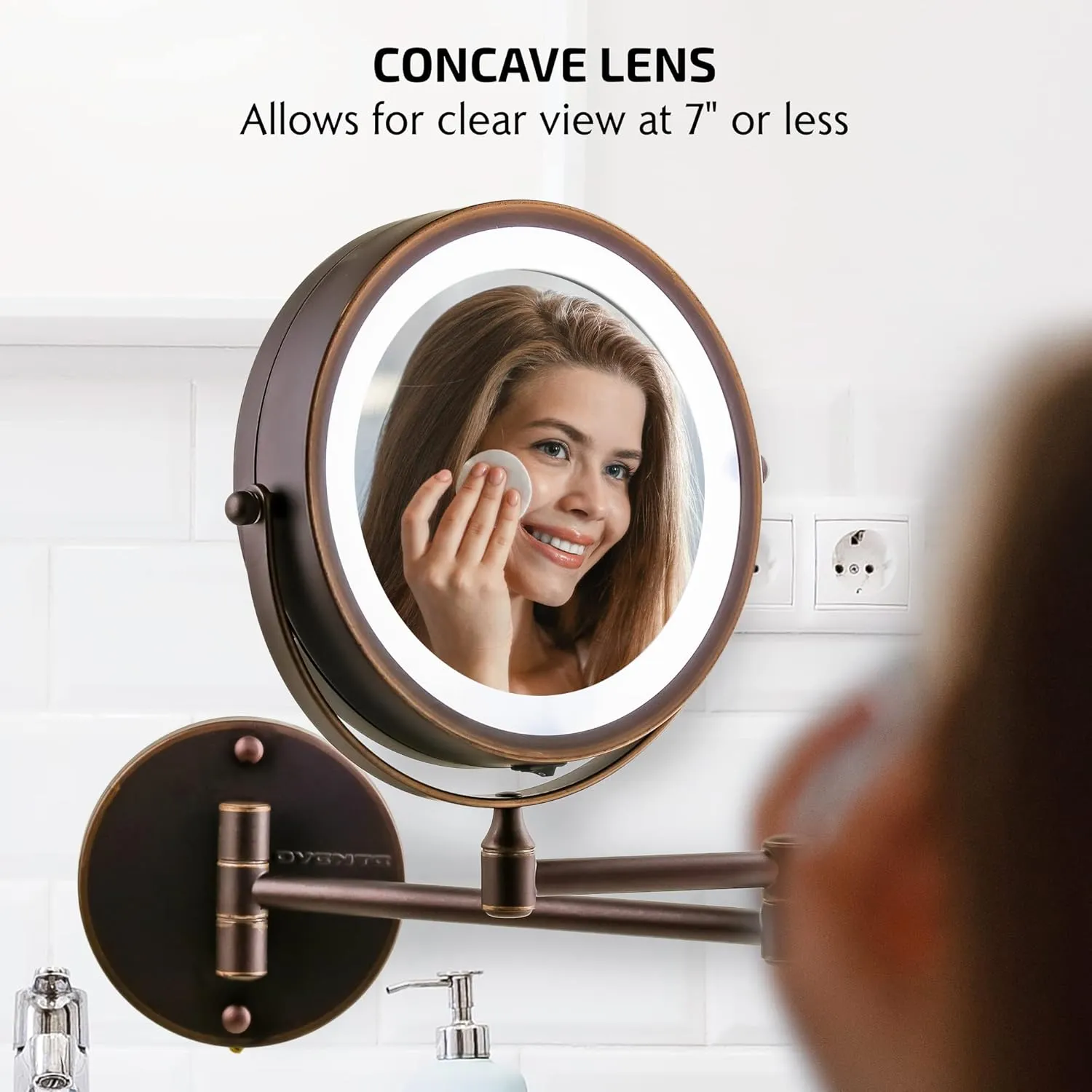 OVENTE 7" Lighted Wall Mount Makeup Mirror with 1X/7X Magnification, Cordless Double Sided Magnifying Round Vanity Mirror, 360° Swivel Design, Extendable and Folding Arm, Antique Bronze MFW70ABZ1X7X