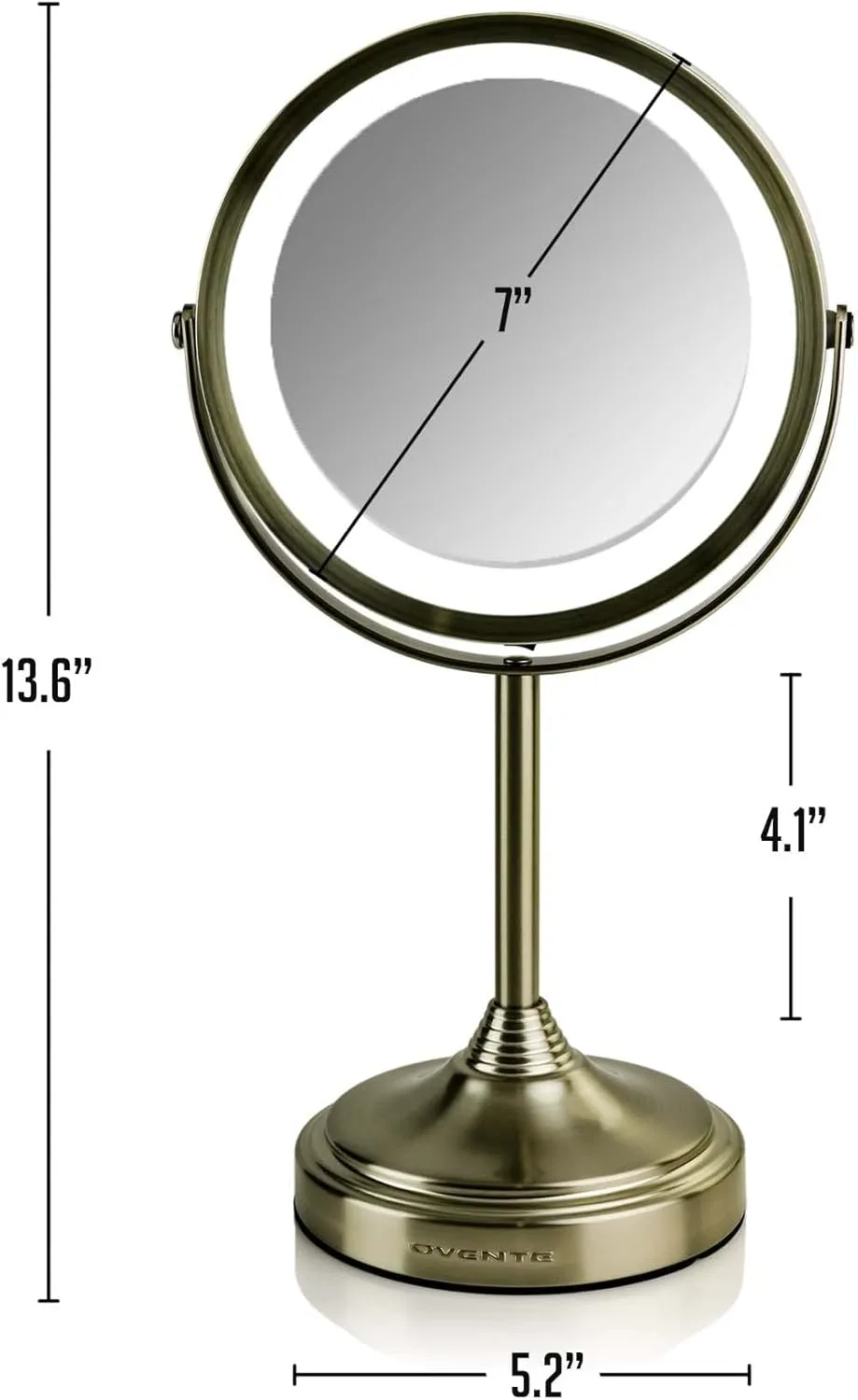 OVENTE 7" Rechargeable Lighted Tabletop Makeup Mirror with 1X/7X Magnification, Double Sided Magnifying Vanity Mirror, 360° Swivel Design, LED White Light and USB Plug, Nickel Brushed MCTR70BR1X7X
