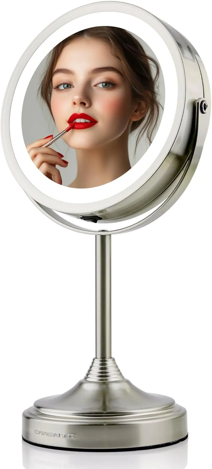 OVENTE 7" Rechargeable Lighted Tabletop Makeup Mirror with 1X/7X Magnification, Double Sided Magnifying Vanity Mirror, 360° Swivel Design, LED White Light and USB Plug, Nickel Brushed MCTR70BR1X7X