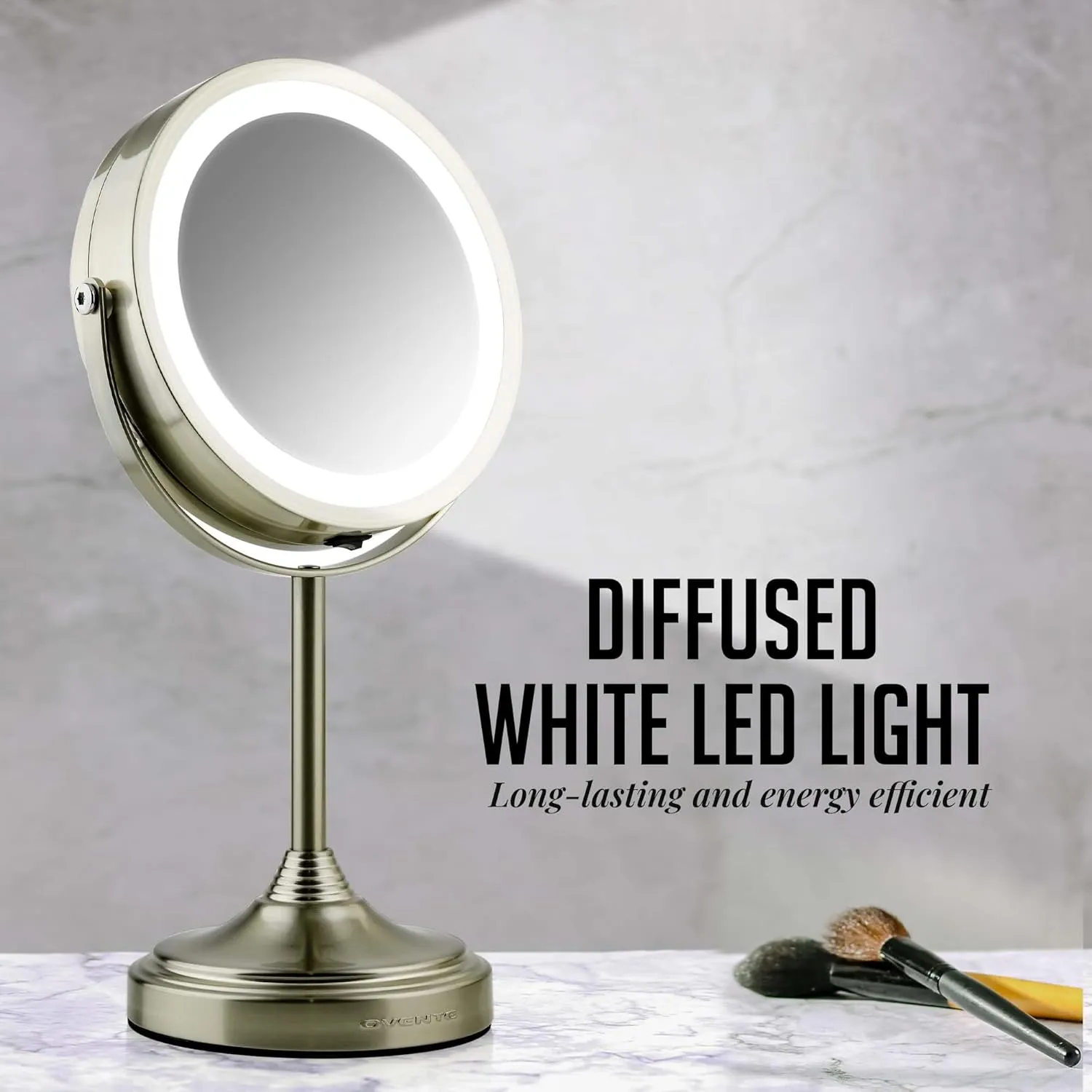 OVENTE 7" Rechargeable Lighted Tabletop Makeup Mirror with 1X/7X Magnification, Double Sided Magnifying Vanity Mirror, 360° Swivel Design, LED White Light and USB Plug, Nickel Brushed MCTR70BR1X7X