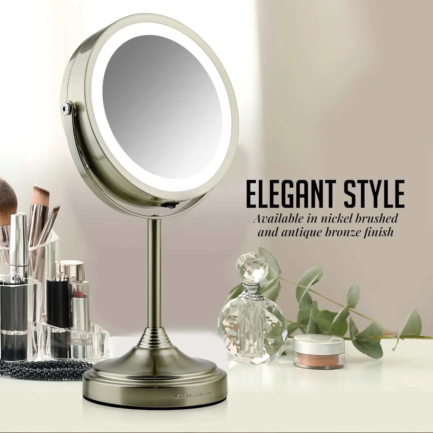 OVENTE 7" Rechargeable Lighted Tabletop Makeup Mirror with 1X/7X Magnification, Double Sided Magnifying Vanity Mirror, 360° Swivel Design, LED White Light and USB Plug, Nickel Brushed MCTR70BR1X7X