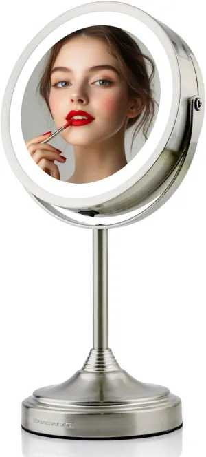 OVENTE 7" Rechargeable Lighted Tabletop Makeup Mirror with 1X/7X Magnification, Double Sided Magnifying Vanity Mirror, 360° Swivel Design, LED White Light and USB Plug, Nickel Brushed MCTR70BR1X7X