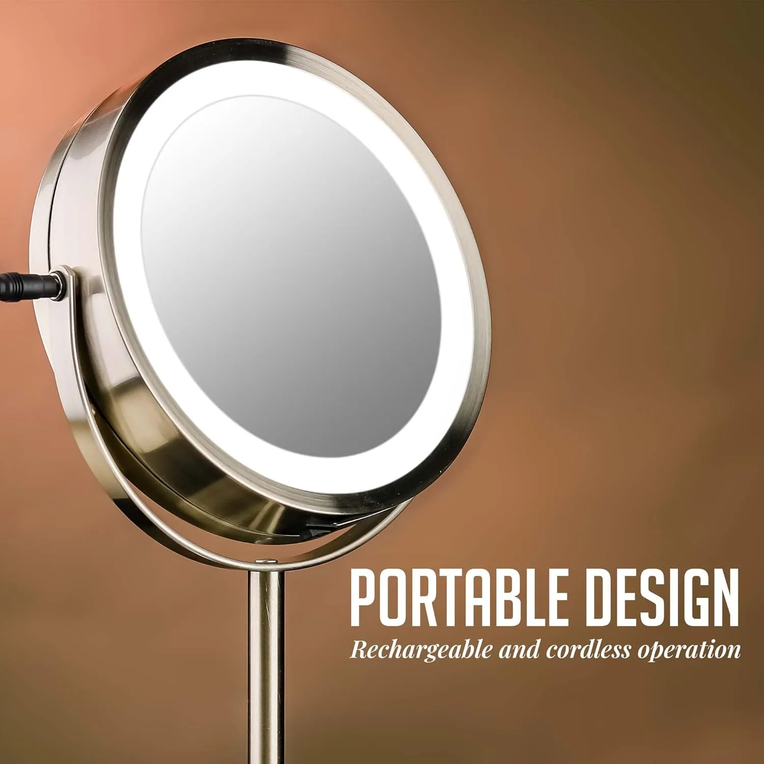 OVENTE 7" Rechargeable Lighted Tabletop Makeup Mirror with 1X/7X Magnification, Double Sided Magnifying Vanity Mirror, 360° Swivel Design, LED White Light and USB Plug, Nickel Brushed MCTR70BR1X7X