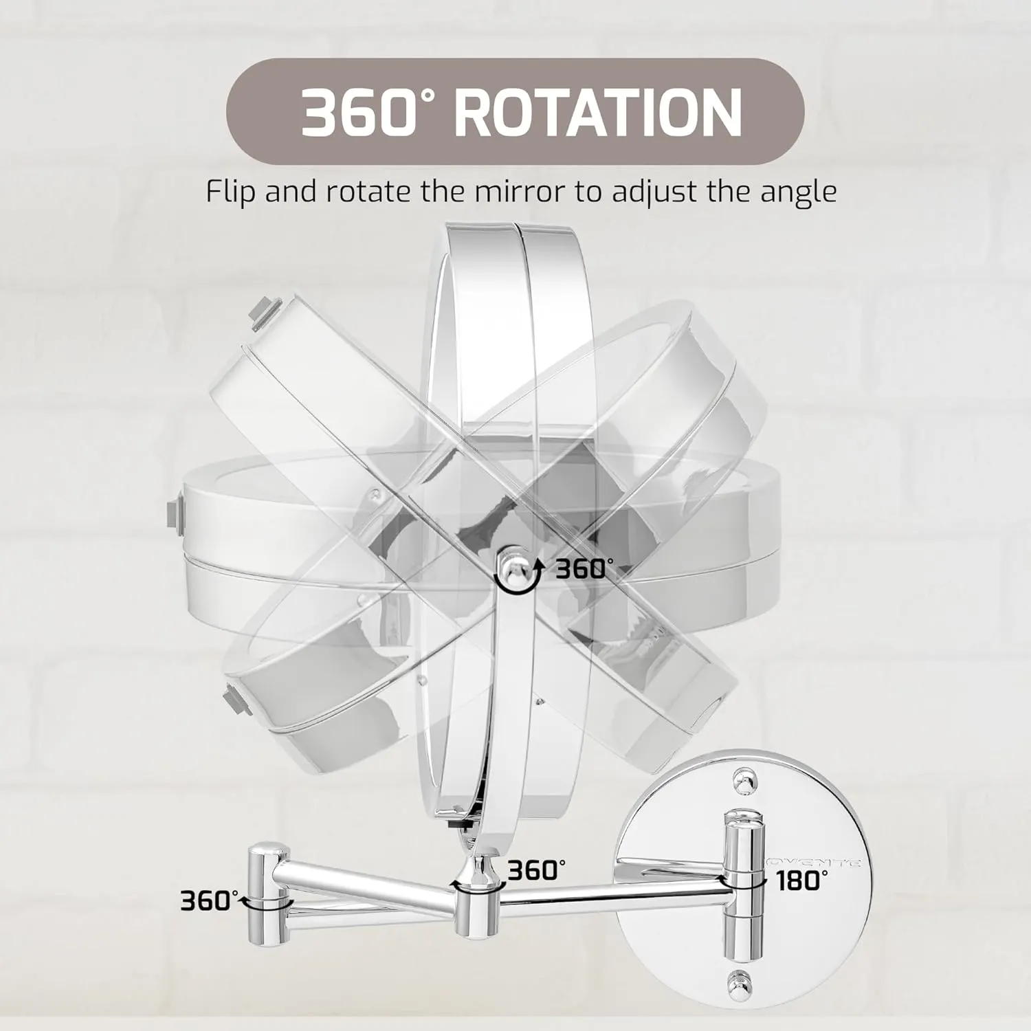 OVENTE 9" Lighted Wall Mount Makeup Mirror with 1X/10X Magnification, Cordless Double Sided Magnifying Round Vanity Mirror, 360° Swivel Design, Extendable and Folding Arm, Polished Chrome MFW85CH1X10X