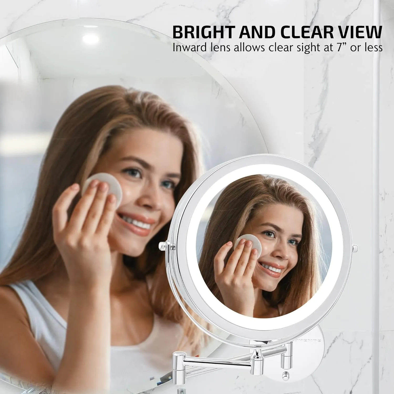 OVENTE 9" Lighted Wall Mount Makeup Mirror with 1X/10X Magnification, Cordless Double Sided Magnifying Round Vanity Mirror, 360° Swivel Design, Extendable and Folding Arm, Polished Chrome MFW85CH1X10X