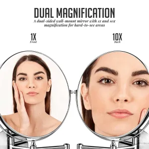 OVENTE 9" Wall Mount Makeup Mirror, 1X & 10X Magnifier, Adjustable Spinning Double Sided Round Reflection, Extend, Retractable & Folding Arm, Bathroom & Vanity Décor, Polished Chrome MNLFW90CH1X10X
