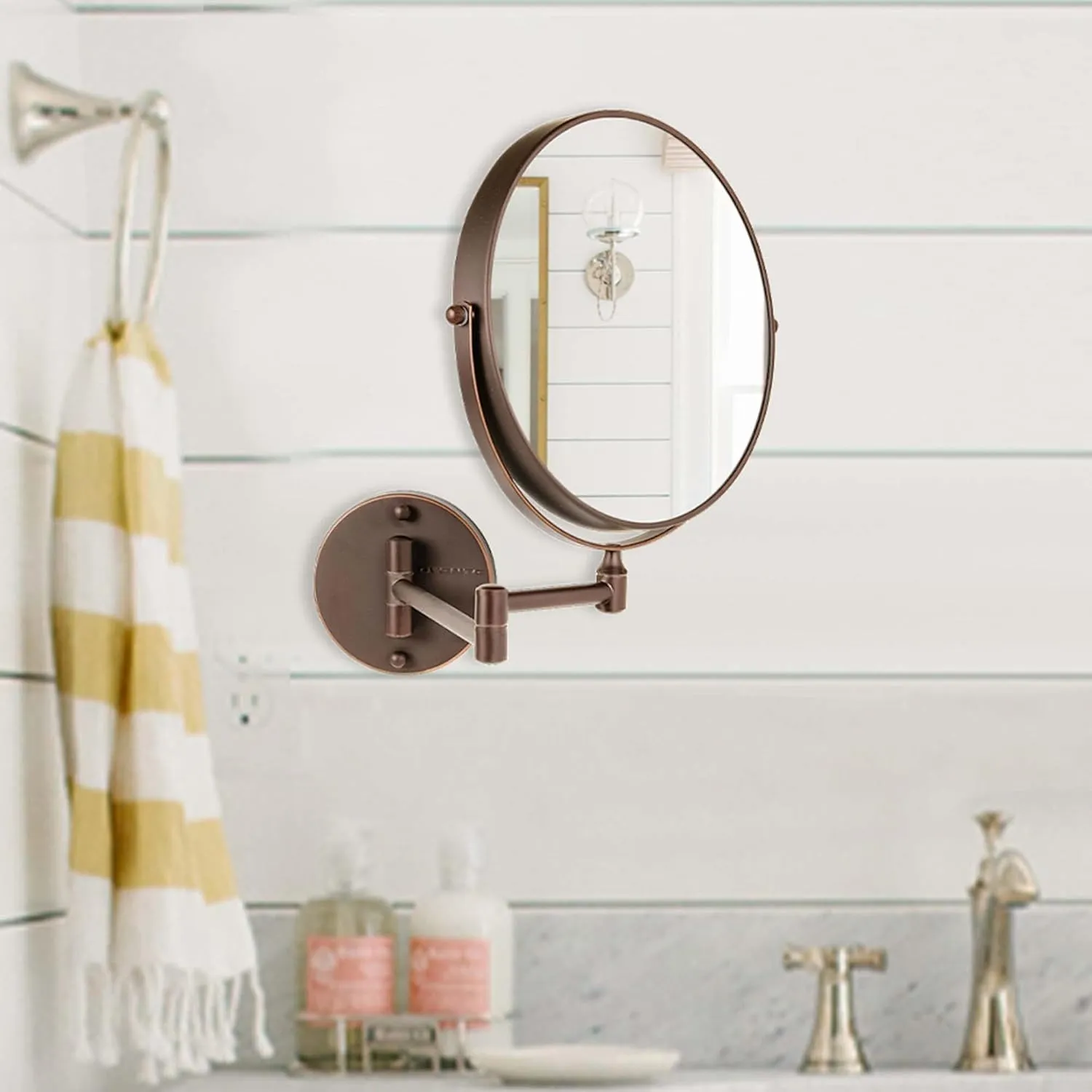 OVENTE 9" Wall Mounted Makeup Mirror with 1X/10X Magnification, Double Sided Magnifying Round Bathroom Vanity Mirror, 360° Swivel Design, Extendable and Folding Arm, Antique Bronze MNLFW90ABZ1X10X