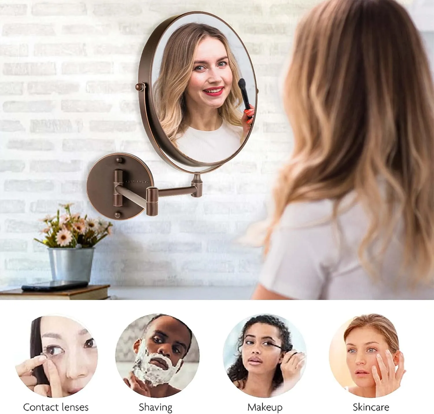OVENTE 9" Wall Mounted Makeup Mirror with 1X/10X Magnification, Double Sided Magnifying Round Bathroom Vanity Mirror, 360° Swivel Design, Extendable and Folding Arm, Antique Bronze MNLFW90ABZ1X10X
