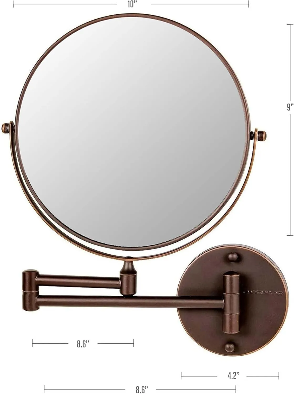 OVENTE 9" Wall Mounted Makeup Mirror with 1X/10X Magnification, Double Sided Magnifying Round Bathroom Vanity Mirror, 360° Swivel Design, Extendable and Folding Arm, Antique Bronze MNLFW90ABZ1X10X