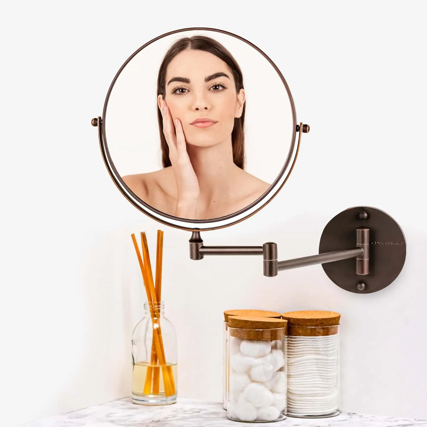 OVENTE 9" Wall Mounted Makeup Mirror with 1X/10X Magnification, Double Sided Magnifying Round Bathroom Vanity Mirror, 360° Swivel Design, Extendable and Folding Arm, Antique Bronze MNLFW90ABZ1X10X