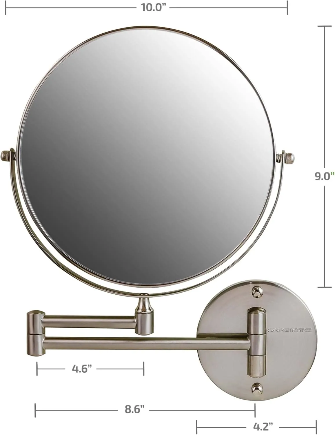 OVENTE 9" Wall Mounted Makeup Mirror with 1X/10X Magnification, Double Sided Magnifying Round Bathroom Vanity Mirror, 360° Swivel Design, Extendable and Folding Arm, Nickel Brushed MNLFW90BR1X10X
