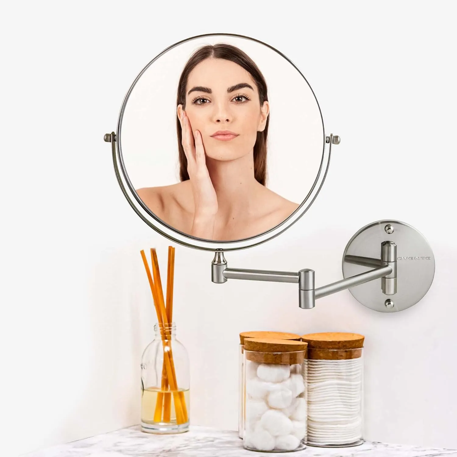OVENTE 9" Wall Mounted Makeup Mirror with 1X/10X Magnification, Double Sided Magnifying Round Bathroom Vanity Mirror, 360° Swivel Design, Extendable and Folding Arm, Nickel Brushed MNLFW90BR1X10X