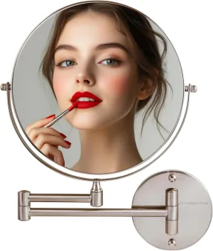 OVENTE 9" Wall Mounted Makeup Mirror with 1X/10X Magnification, Double Sided Magnifying Round Bathroom Vanity Mirror, 360° Swivel Design, Extendable and Folding Arm, Nickel Brushed MNLFW90BR1X10X