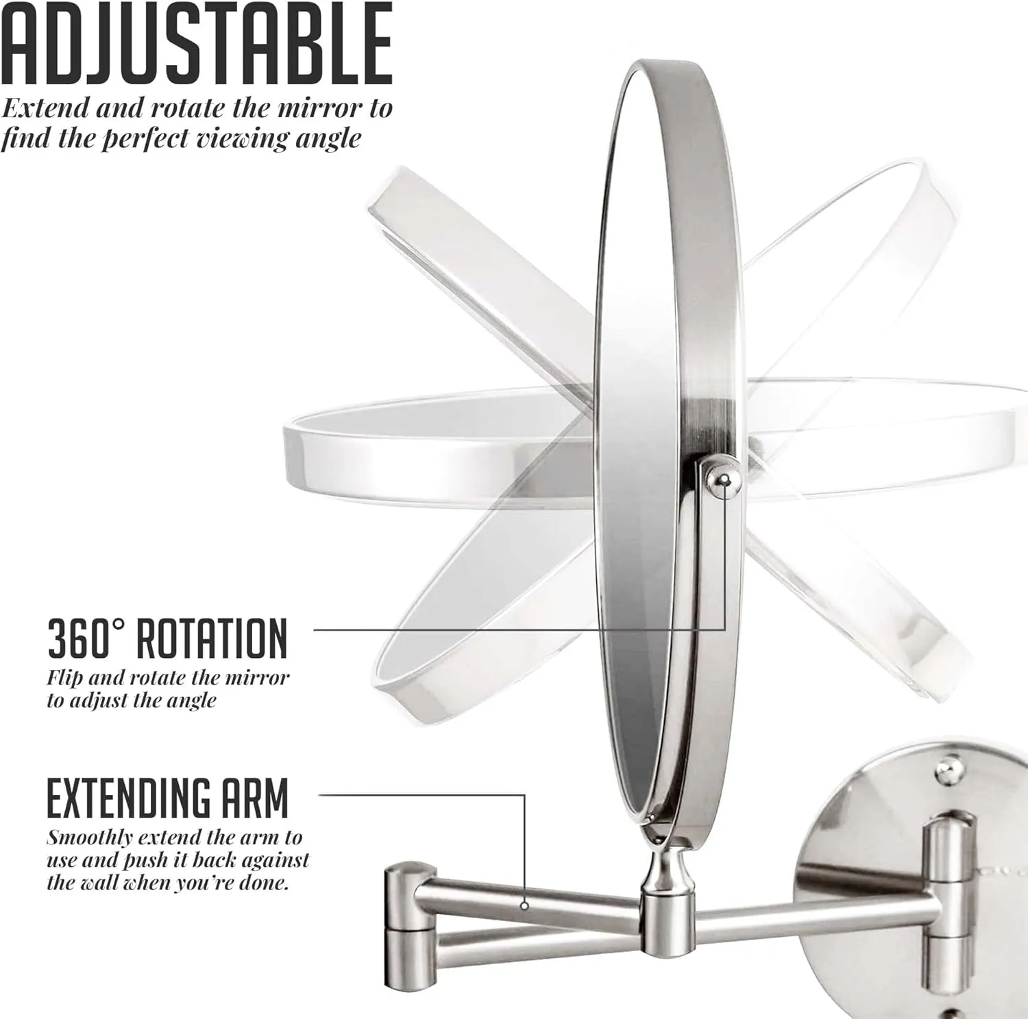 OVENTE 9" Wall Mounted Makeup Mirror with 1X/7X Magnification, Double Sided Magnifying Round Bathroom Vanity Mirror, 360° Swivel Design, Extendable and Folding Arm, Polished Chrome MNLFW90CH1X7X