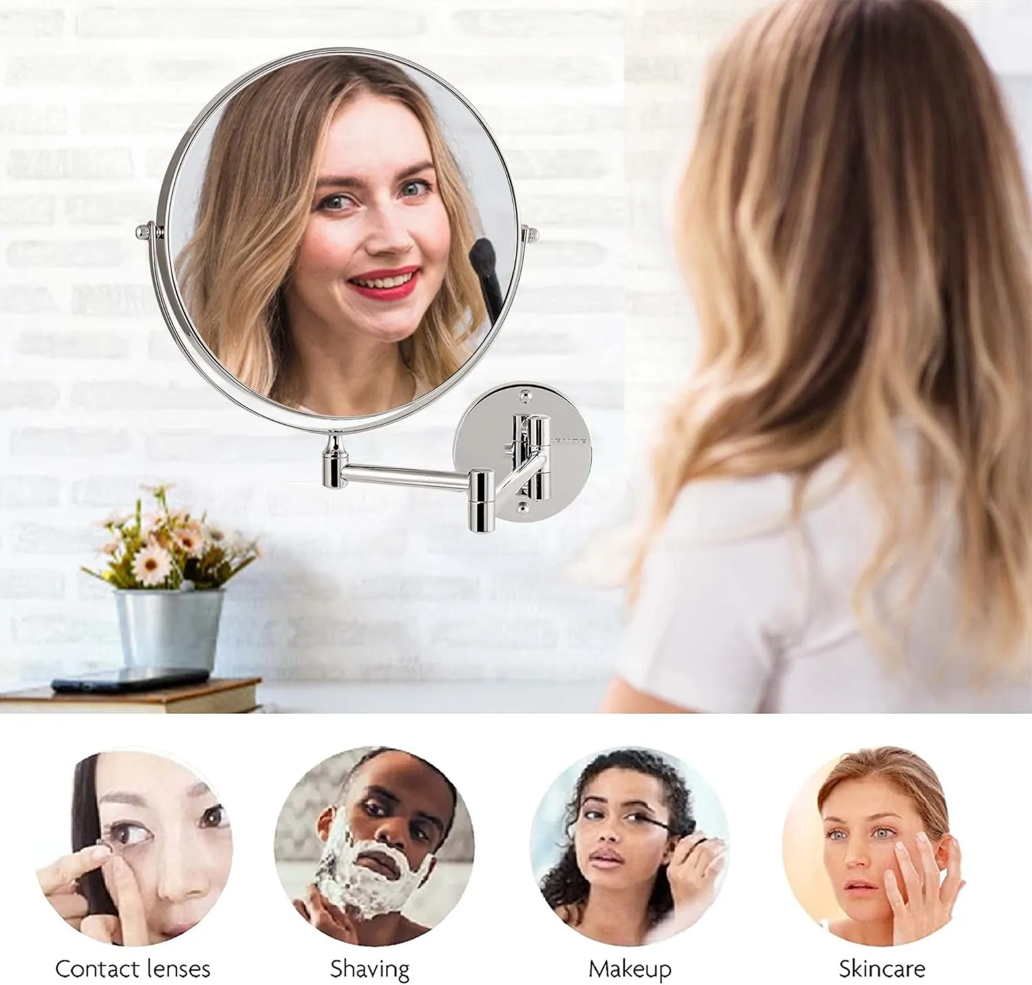 OVENTE 9" Wall Mounted Makeup Mirror with 1X/7X Magnification, Double Sided Magnifying Round Bathroom Vanity Mirror, 360° Swivel Design, Extendable and Folding Arm, Polished Chrome MNLFW90CH1X7X