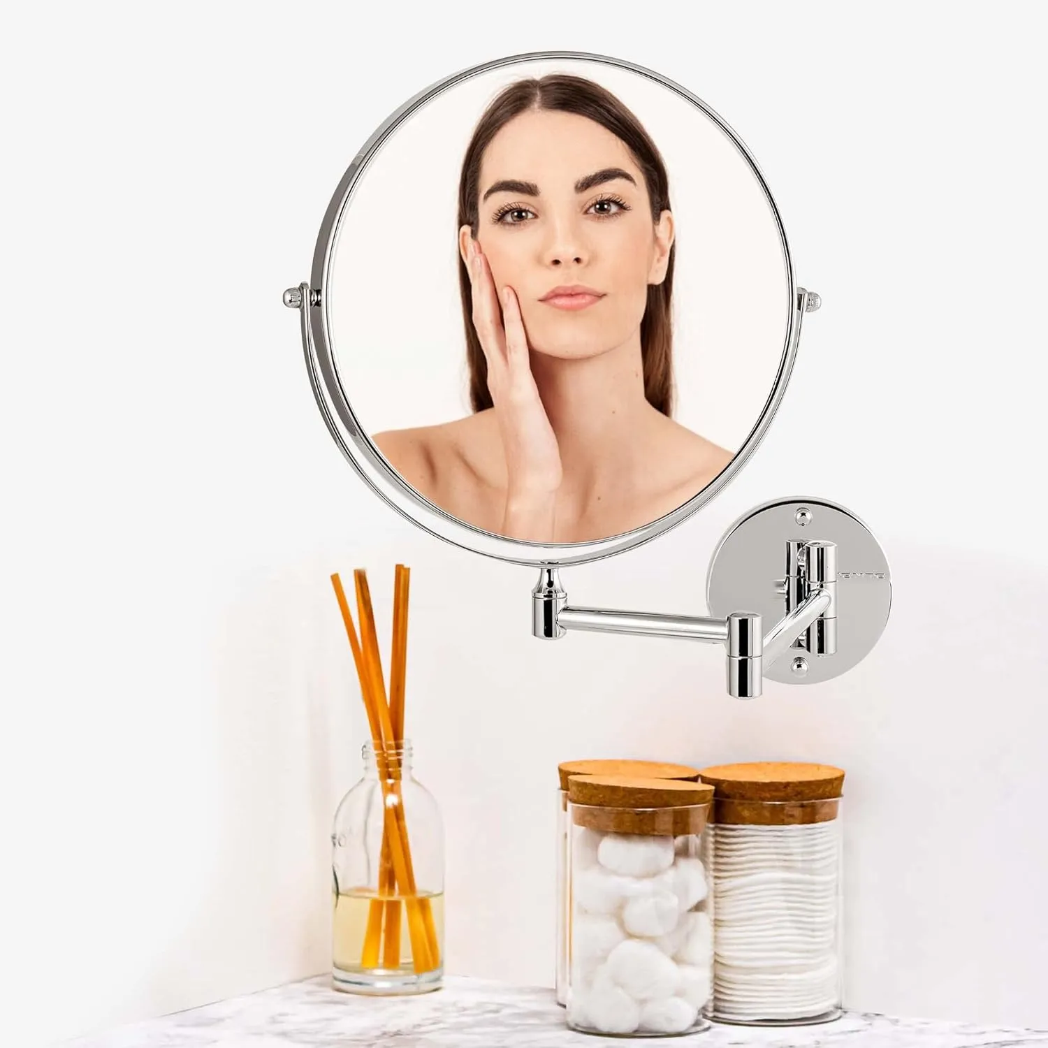OVENTE 9" Wall Mounted Makeup Mirror with 1X/7X Magnification, Double Sided Magnifying Round Bathroom Vanity Mirror, 360° Swivel Design, Extendable and Folding Arm, Polished Chrome MNLFW90CH1X7X