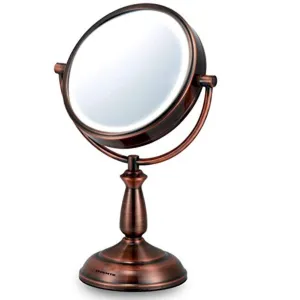 Ovente Double Sided Table Top Makeup Vanity Mirror 7.5 Inch 1X with 10X Magnification, White LED Light, with 360 Rotation Design, and Option of AA Batteries or USB Adapter Powered, Copper MLT42CO