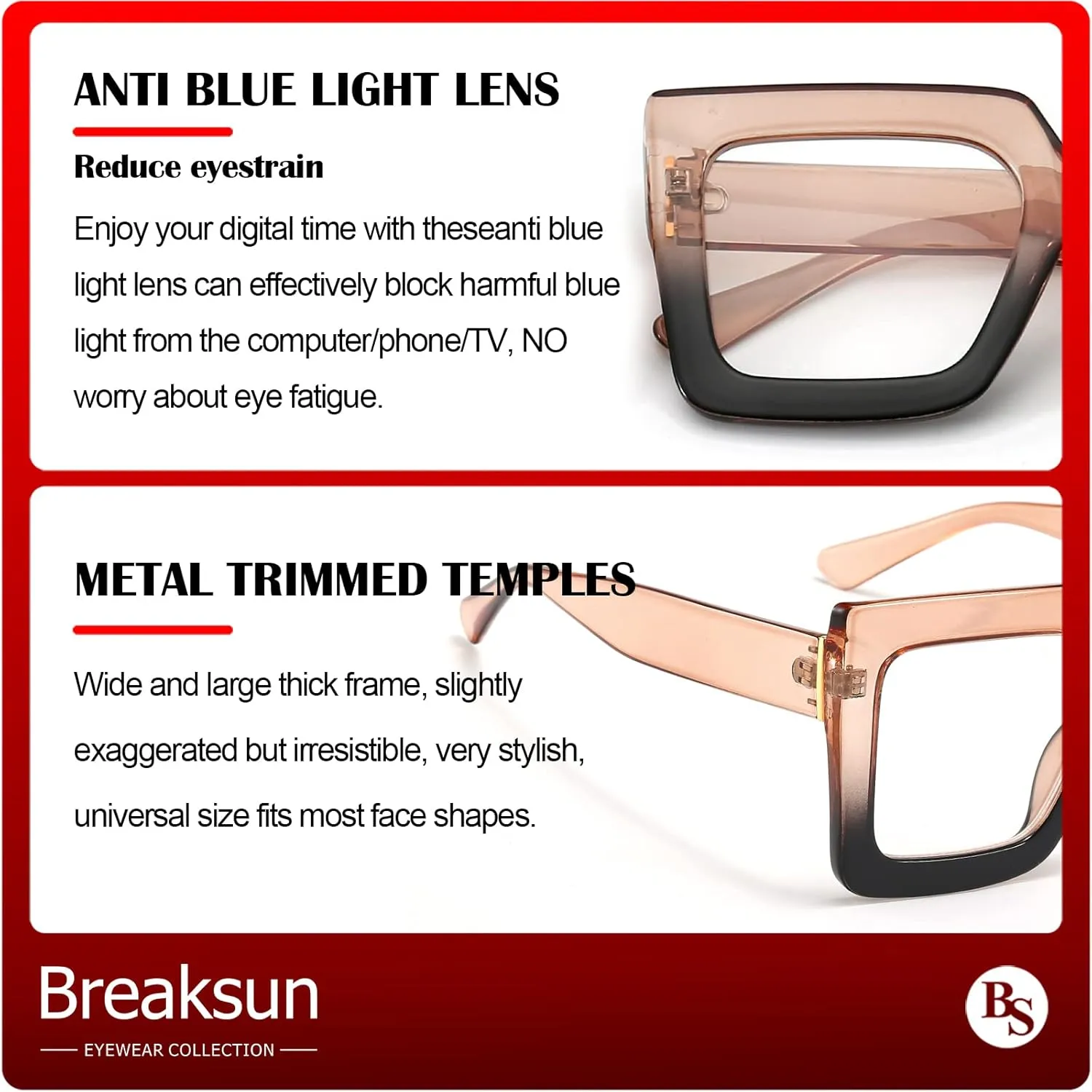 Oversized Blue Light Glasses for Women Fashion Thick Square Computer Eyewear Non-Prescription Black Glasses (Champagne Black)