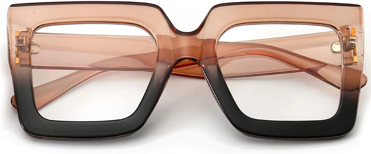 Oversized Blue Light Glasses for Women Fashion Thick Square Computer Eyewear Non-Prescription Black Glasses (Champagne Black)
