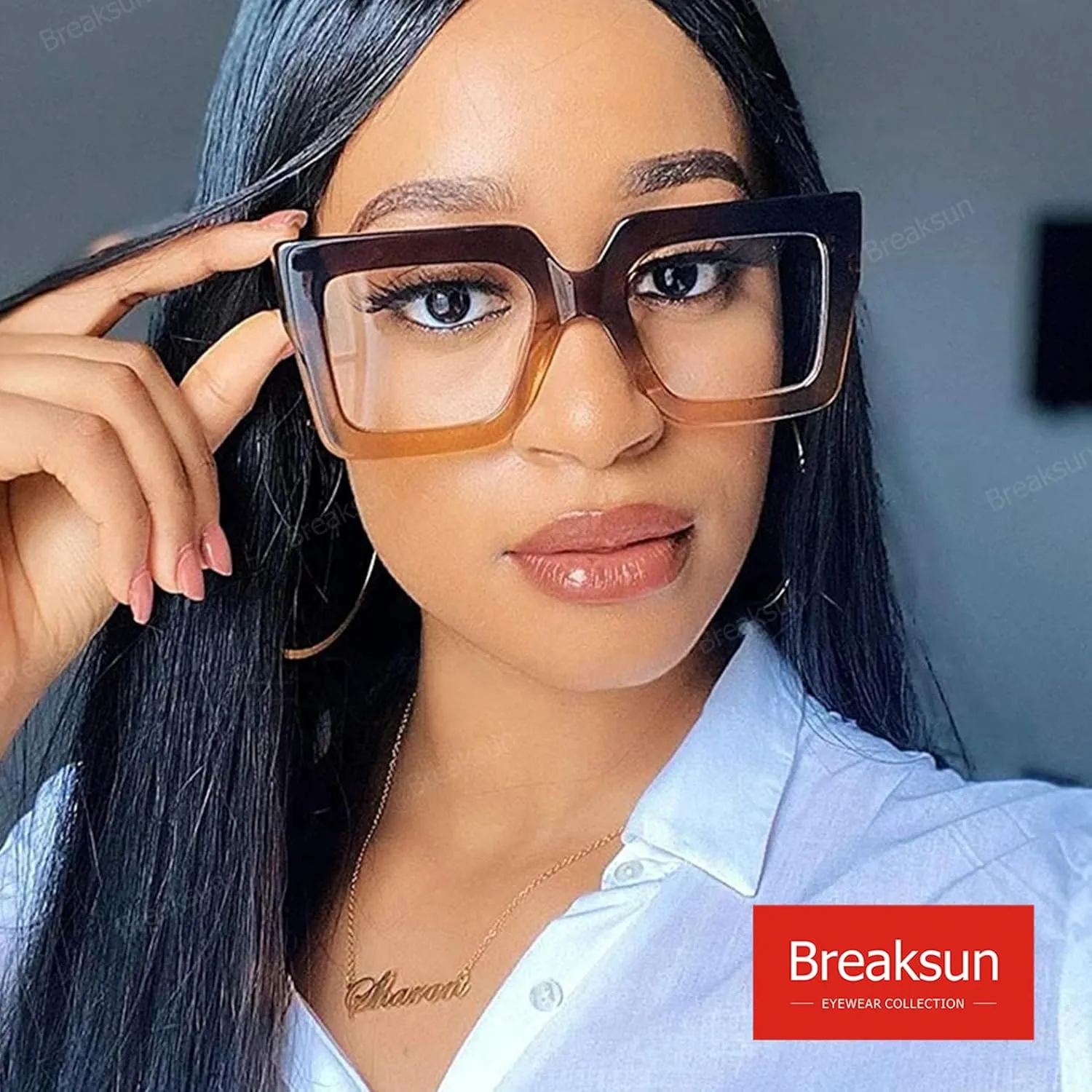 Oversized Blue Light Glasses for Women Fashion Thick Square Computer Eyewear Non-Prescription Black Glasses (Champagne Black)