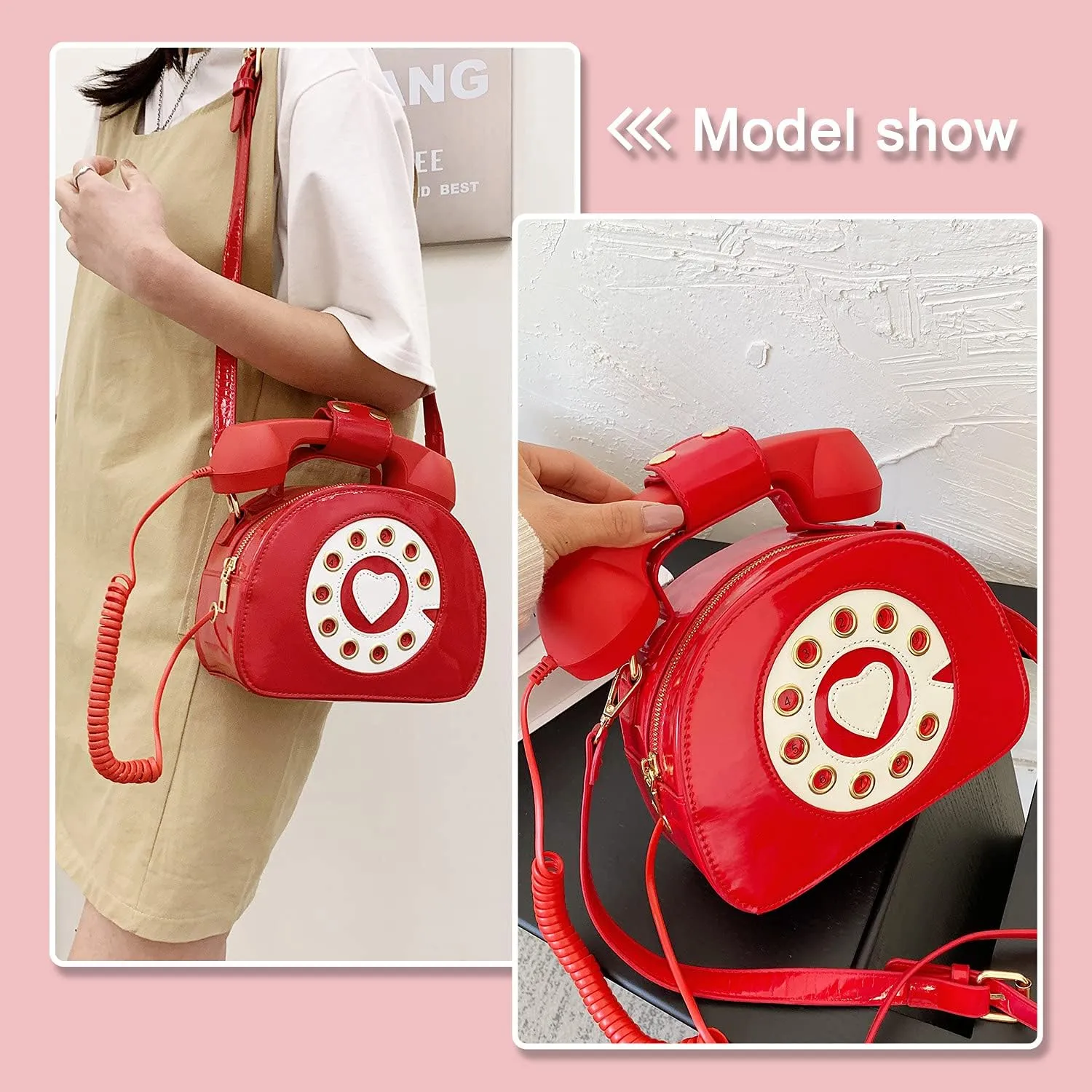 Oweisong Fun Telephone Purse for Women Novelty Pink Phone Tote Handbags Top Handle Shoulder Crossbdoy Bag
