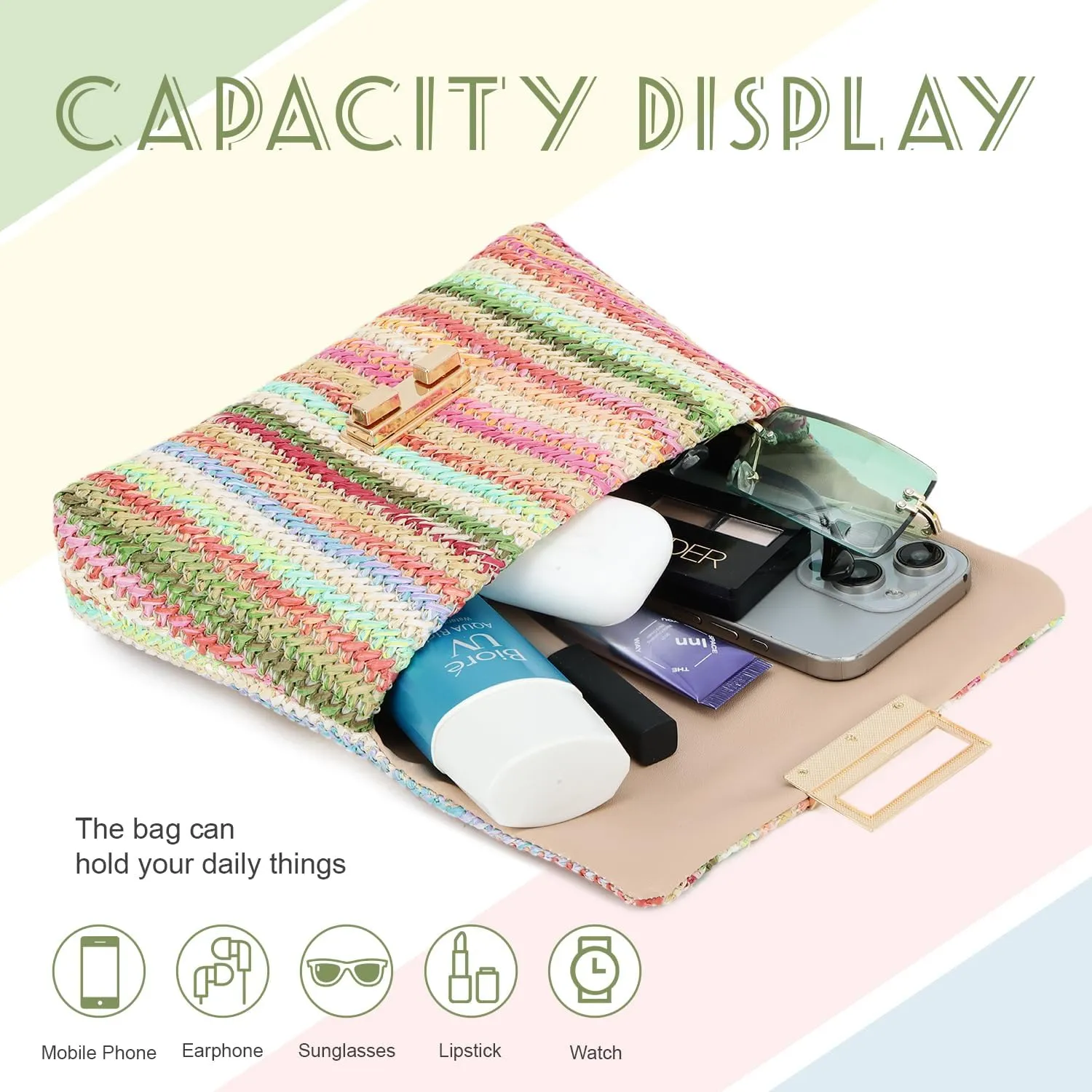 Oweisong Small Summer Straw Purse for Women Woven Beach Crossbody Bag Colorful Vacation Shoulder Handbag