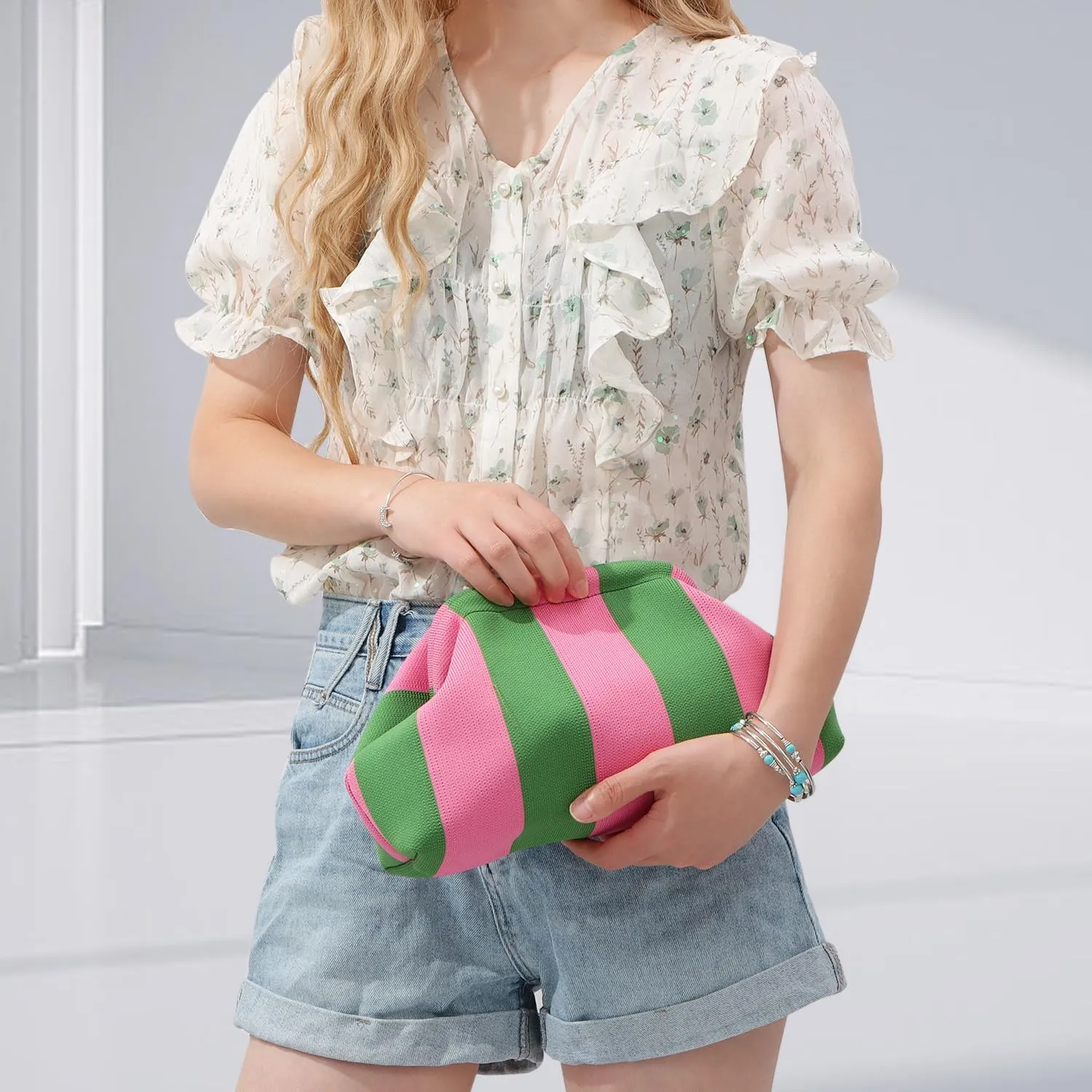 Oweisong Summer Woven Clutch Purse for Women 2025 Crochet Stripped Beach Bag Hot Pink Spring Purse Evening Handbag