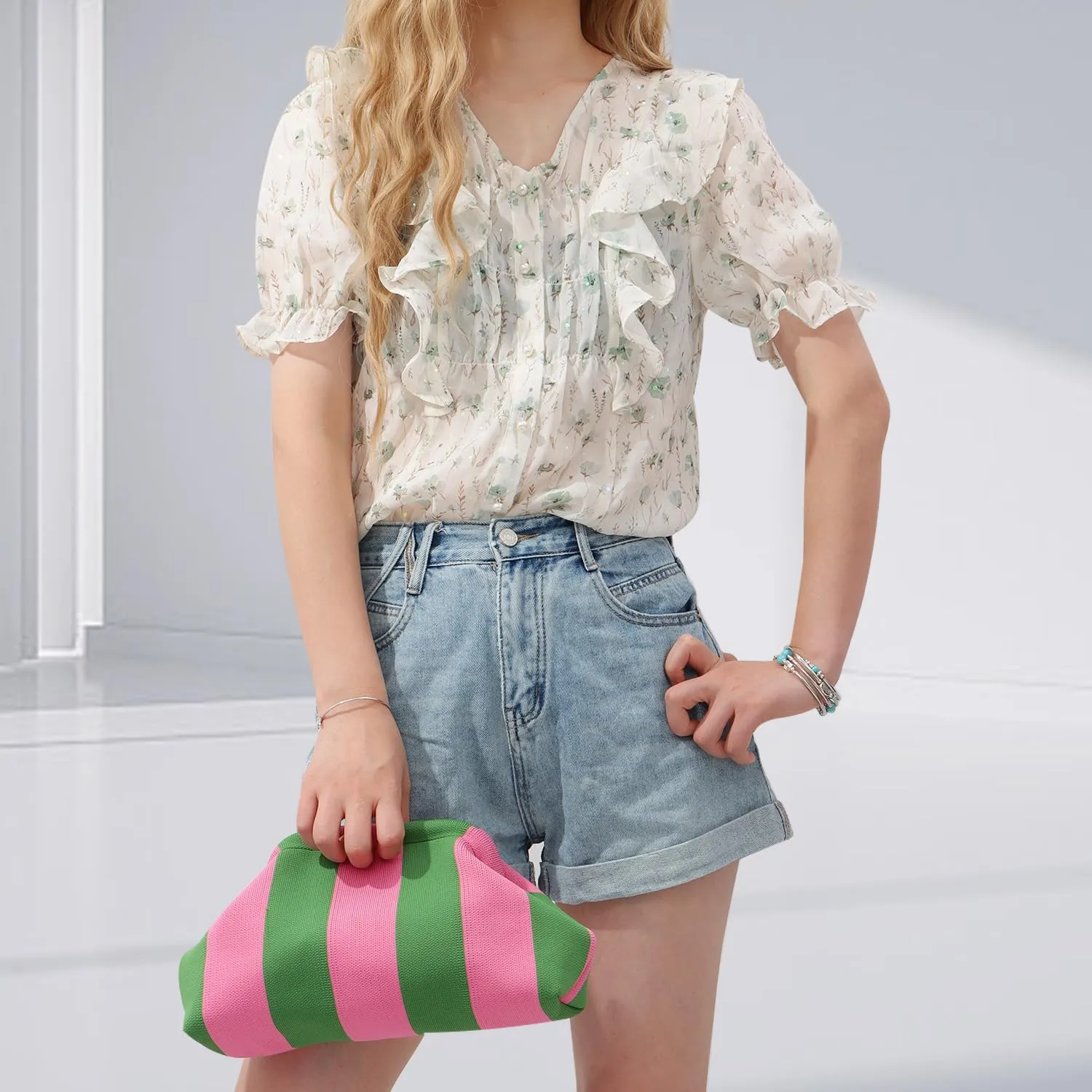 Oweisong Summer Woven Clutch Purse for Women 2025 Crochet Stripped Beach Bag Hot Pink Spring Purse Evening Handbag