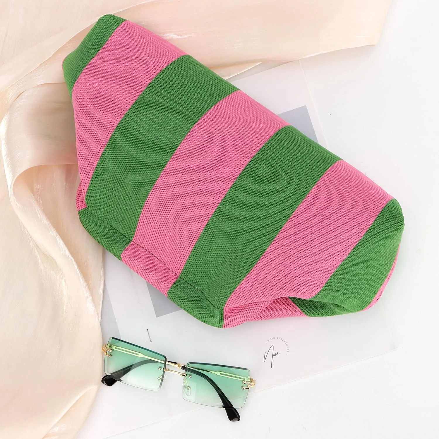 Oweisong Summer Woven Clutch Purse for Women 2025 Crochet Stripped Beach Bag Hot Pink Spring Purse Evening Handbag